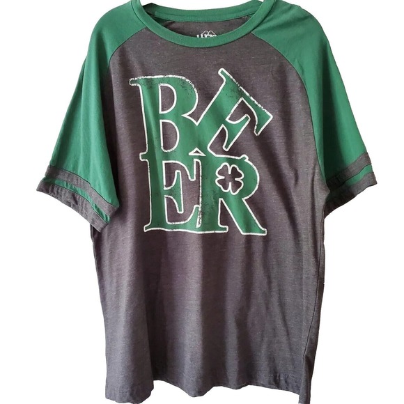 Lucky Brand Men's Sz XL Gray Green BEER Large Spellout Vtg Look St Patrick's Day - Picture 1 of 11